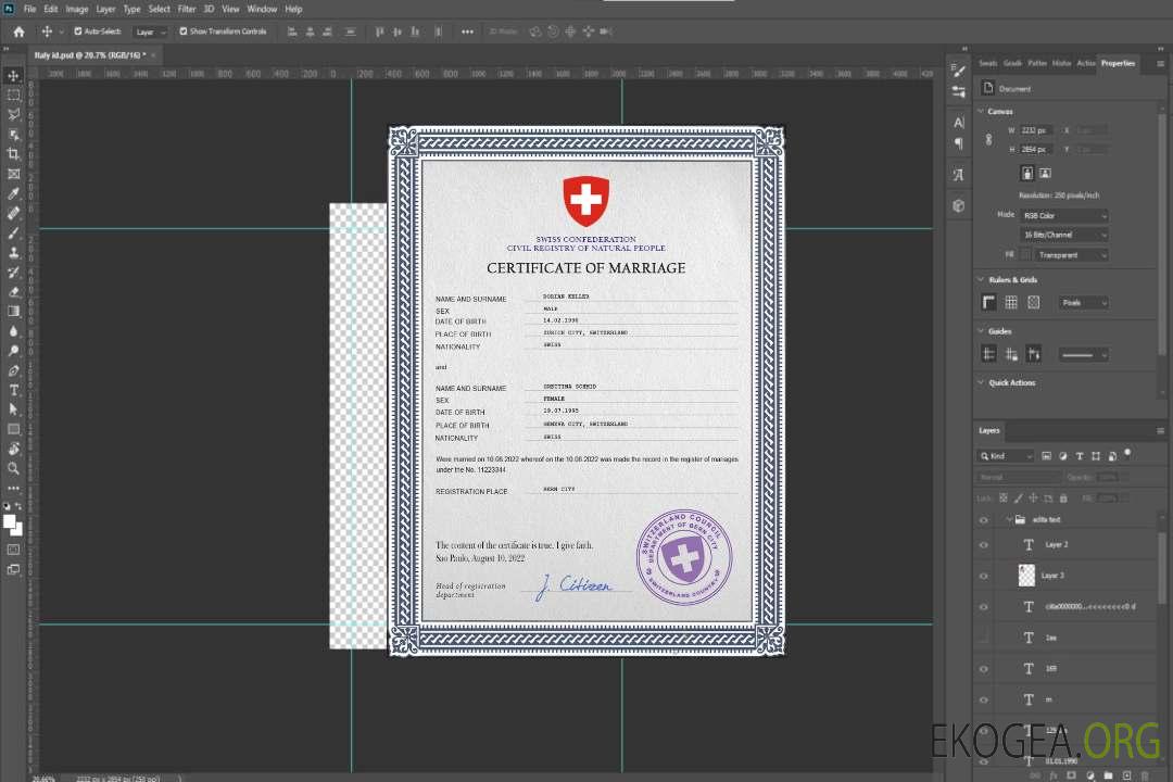 Modèle PSD de certificat de mariage en Suisse template